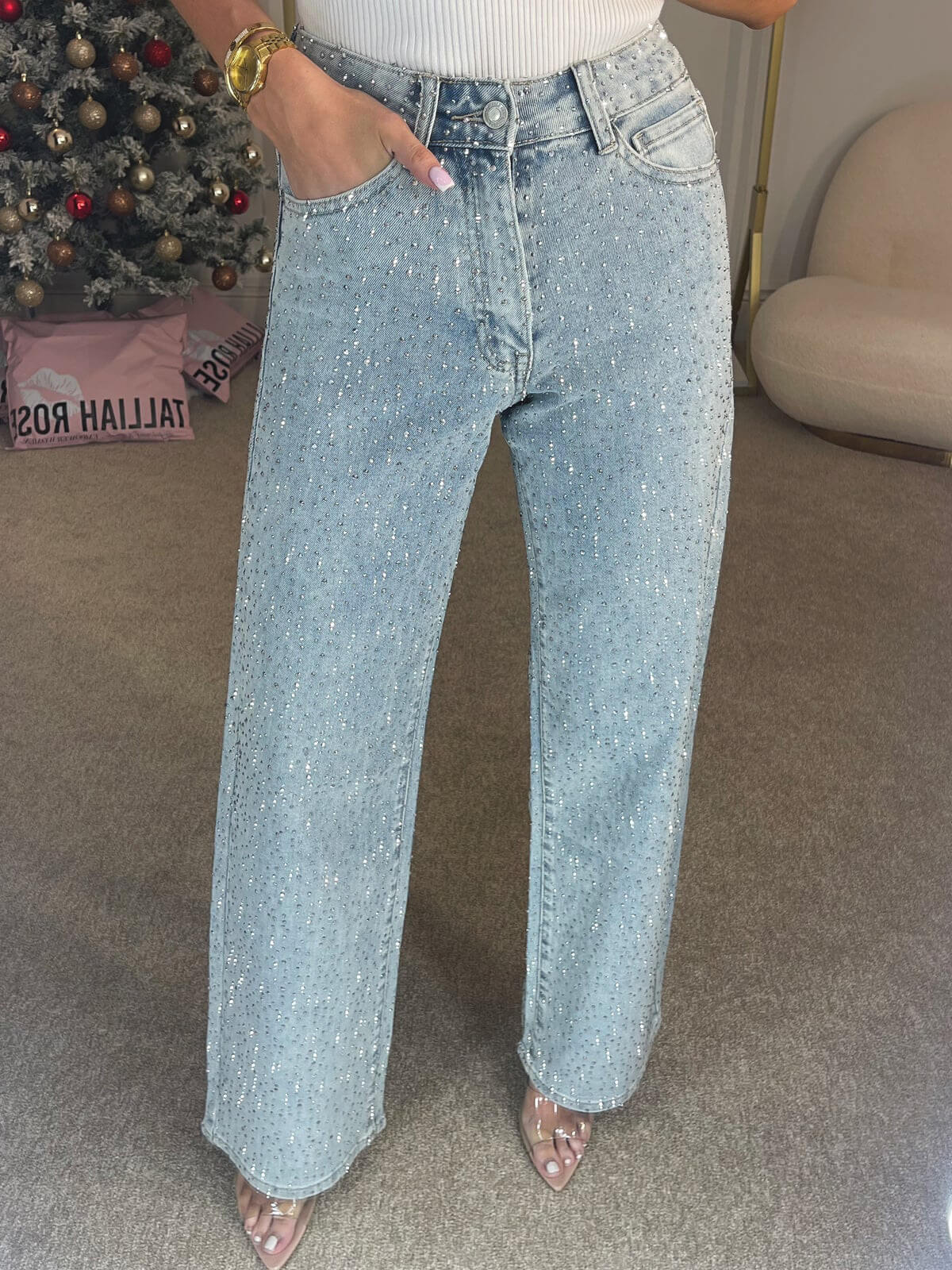 Sparkling High-Waisted Straight Leg Denim