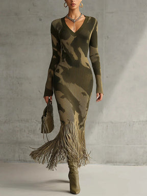 Olive Camouflage Knit V-Neck Midi Dress with Fringe Hem