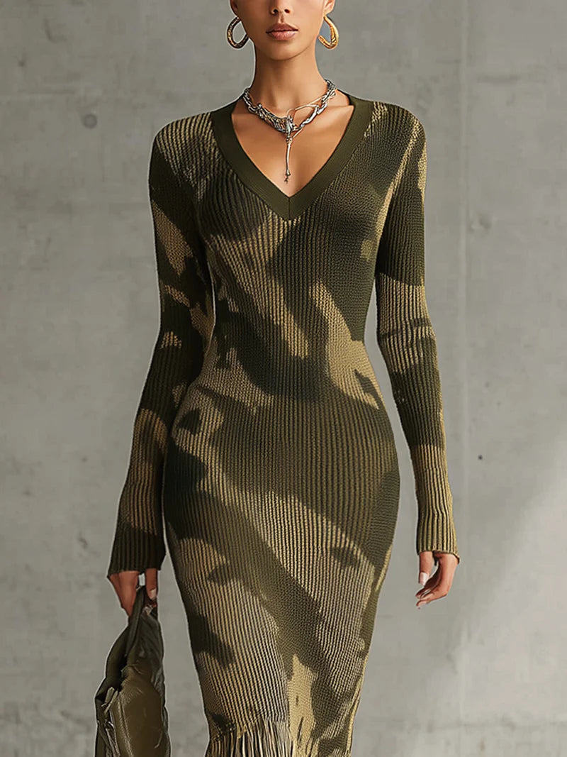 Olive Camouflage Knit V-Neck Midi Dress with Fringe Hem