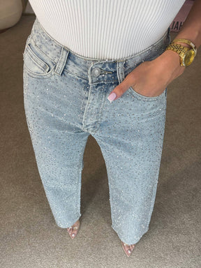 Sparkling High-Waisted Straight Leg Denim