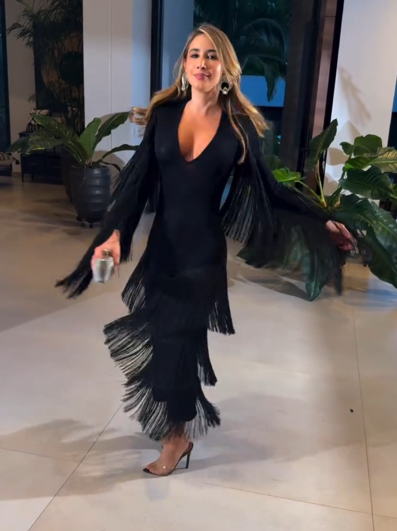 Fringe Elegance - V-Neck Midi Dress